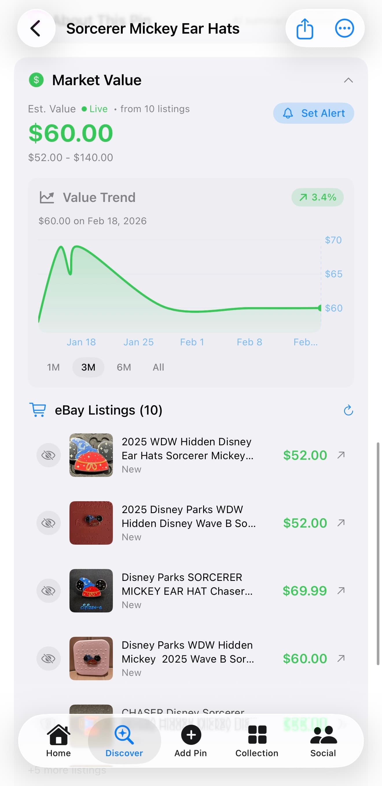 Disney pin collection tracker view in Pinsdex showing tracked value context