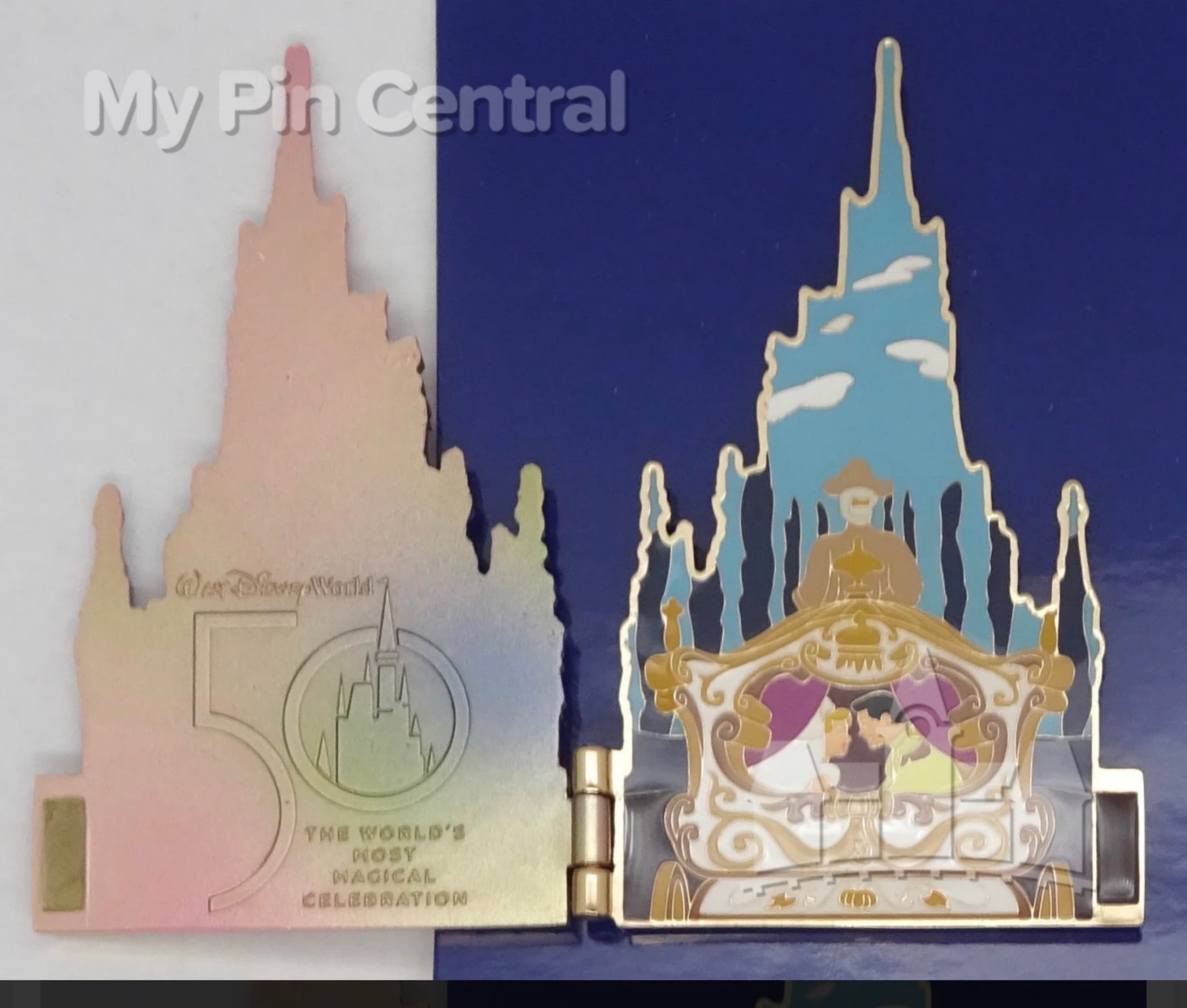 Walt Disney World 50th Anniversary Cinderella Castle Hinged Jumbo Pin - Cinderella & Prince Charming Carriage