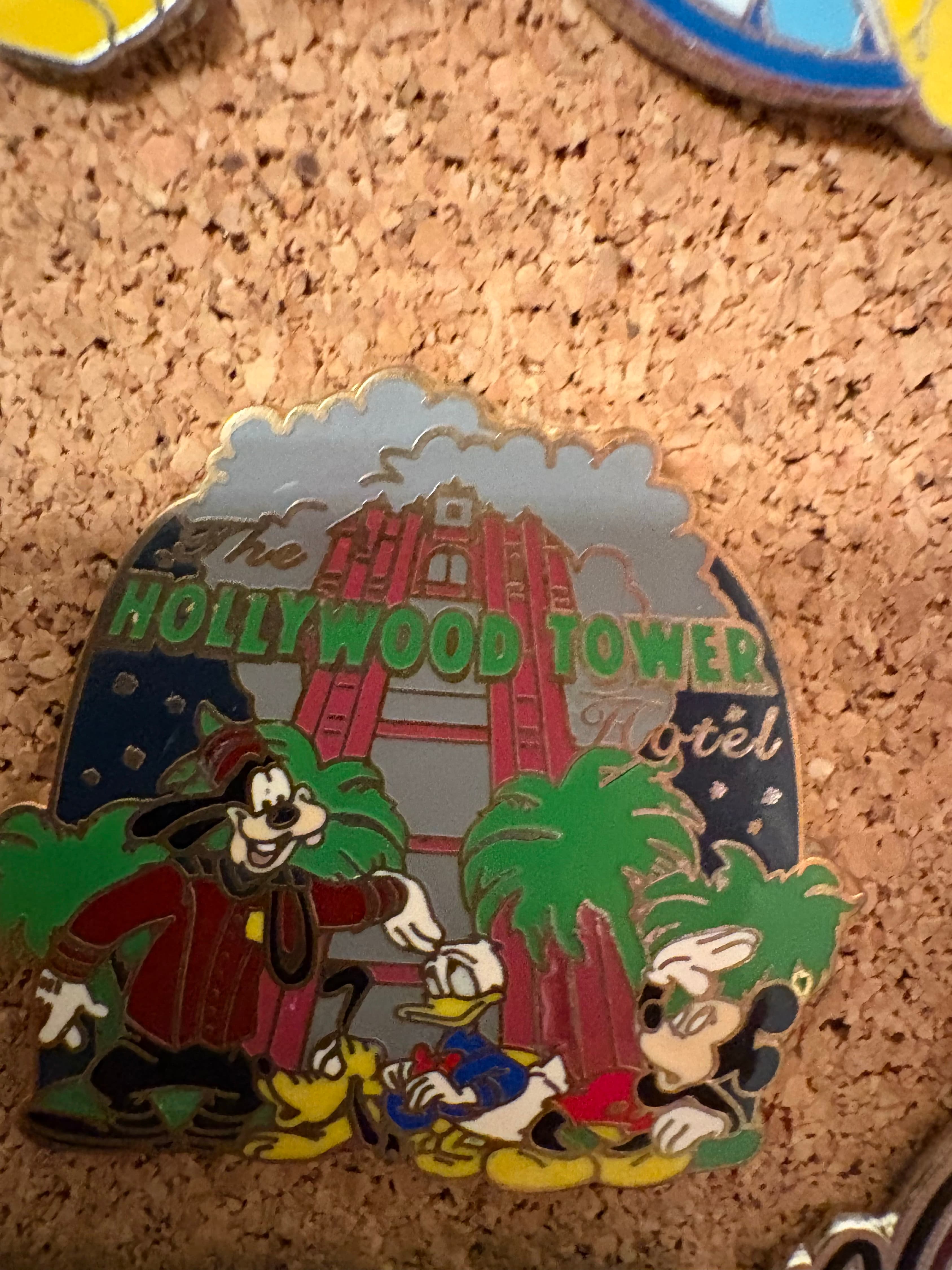 Mickey, Donald, Goofy and Pluto at the Hollywood Tower Hotel front