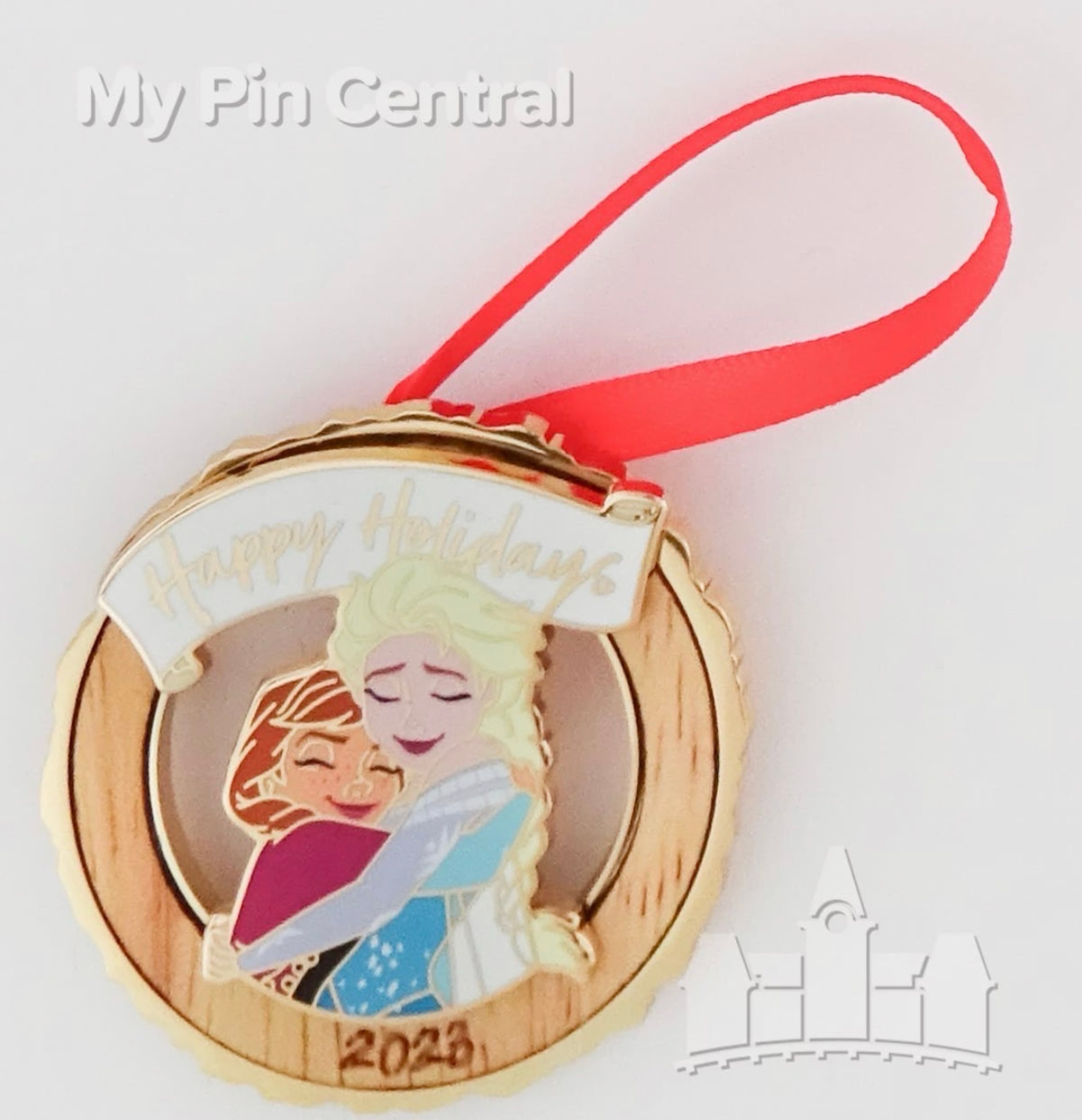Frozen Anna and Elsa Happy Holidays 2023 Ornament Pin