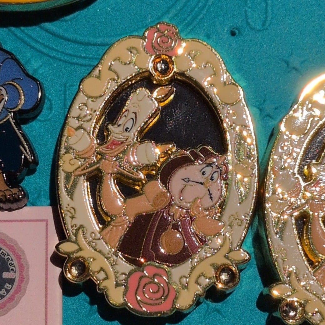 Beauty and the Beast Lumiere and Cogsworth Ornate Rose Frame Pin