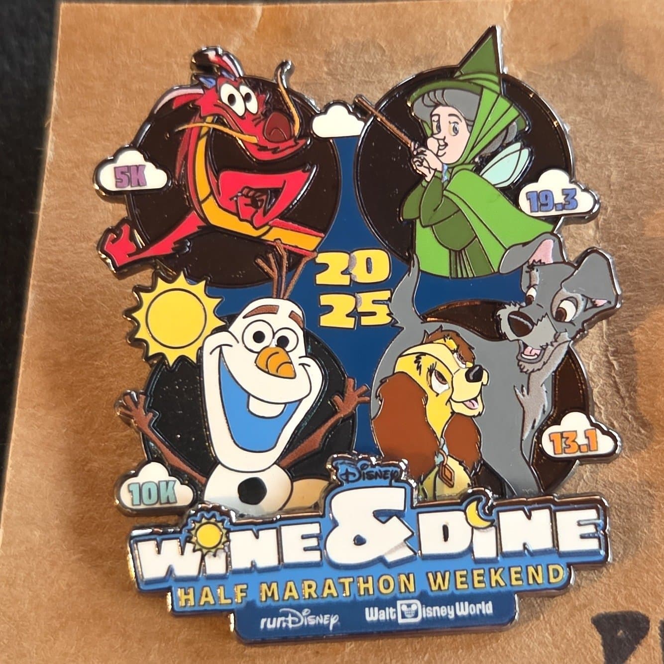 WDW - Wine and Dine Half Marathon Weekend - 2025 - Logo with Mushu, Olaf, Fauna, Lady & Tramp
