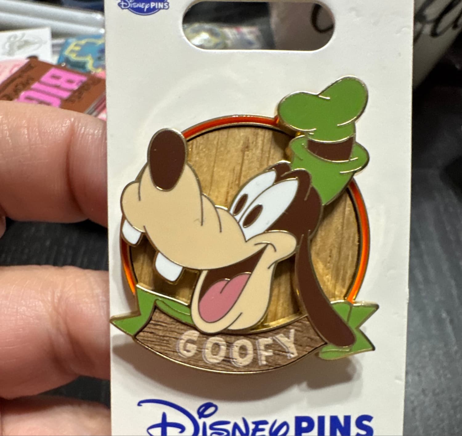 Goofy Wood Inlay Pin with Title Banner