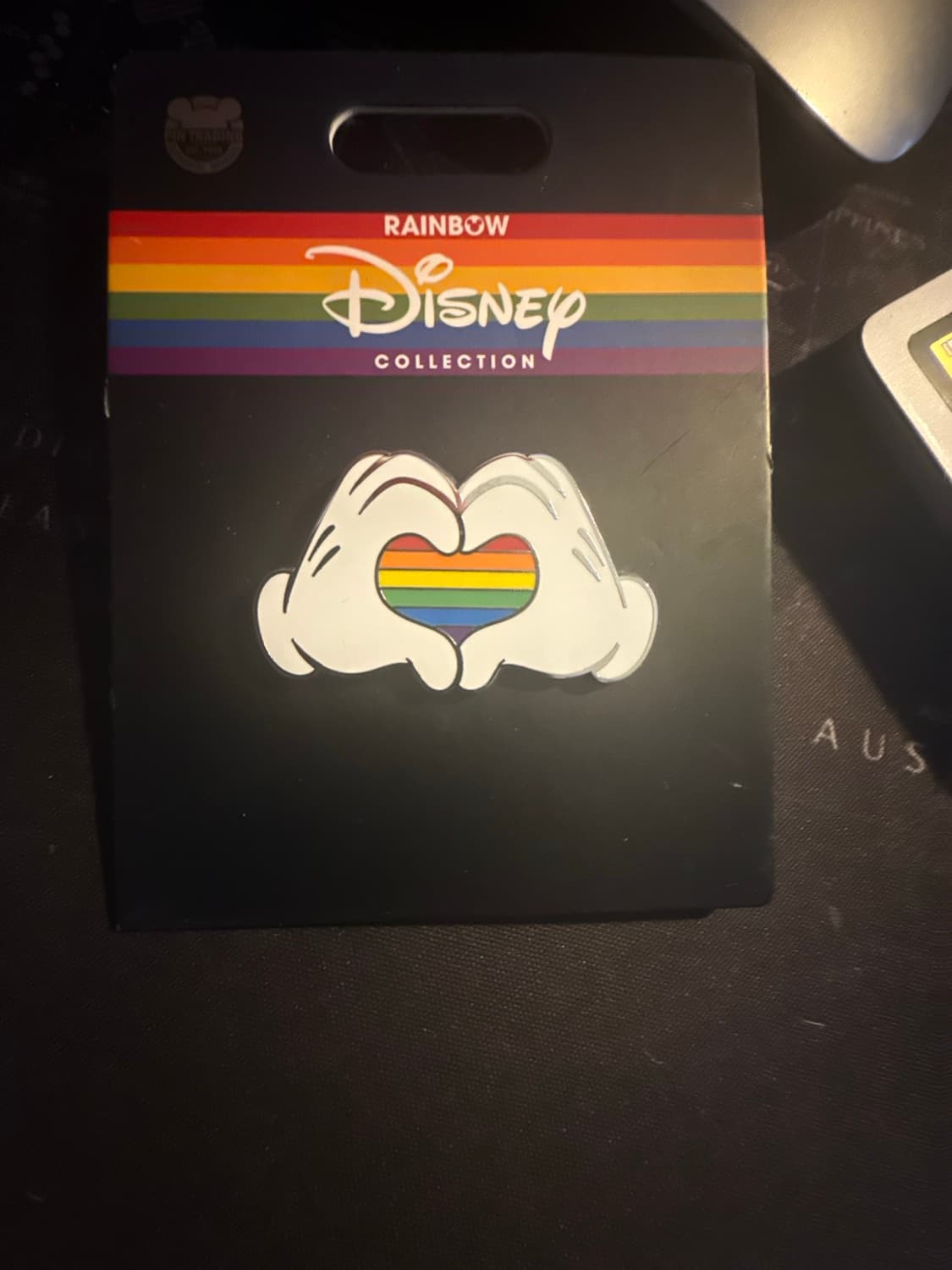 Mickey Heart Hands Rainbow Pin front