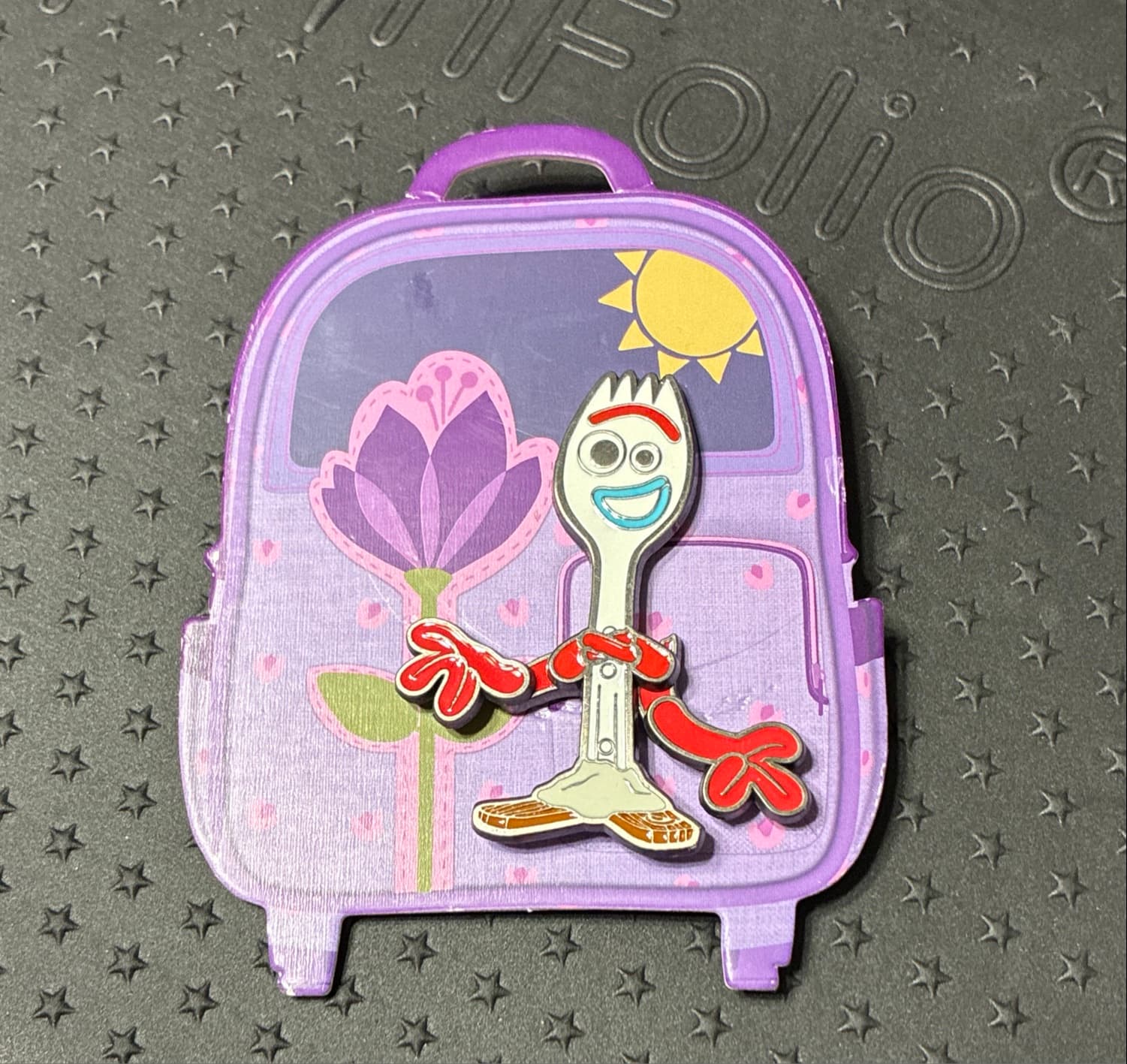 Forky on Purple Backpack Flair Pin with Movable Arms